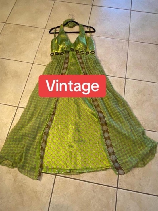 Vintage Dresses & Skirts - Vintage Lime Green Halter Maxi Dress with Brown Accents